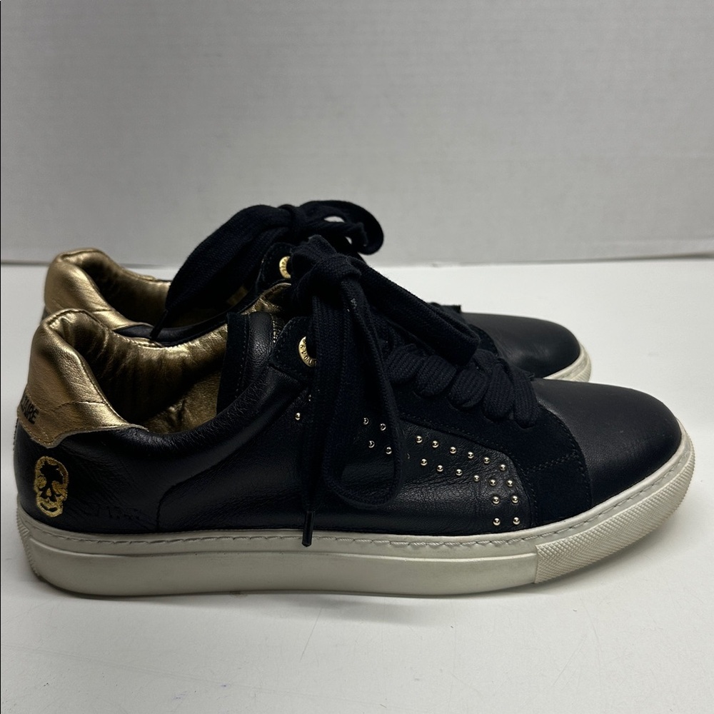 Zadig & Voltaire Paris Sneakers Studded Leather Lace Up Shoes Black Womens 8